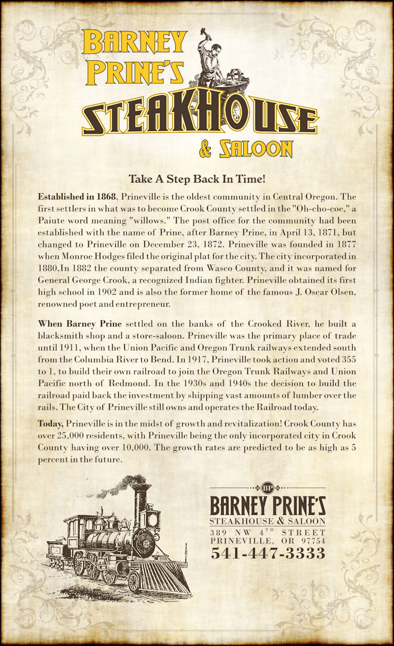 Barney Prine's Steakhouse & Saloon historical flyer - Take a Step Back in Time